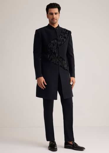 Black Velvet Indowestern Set With Cut Work Embroidery