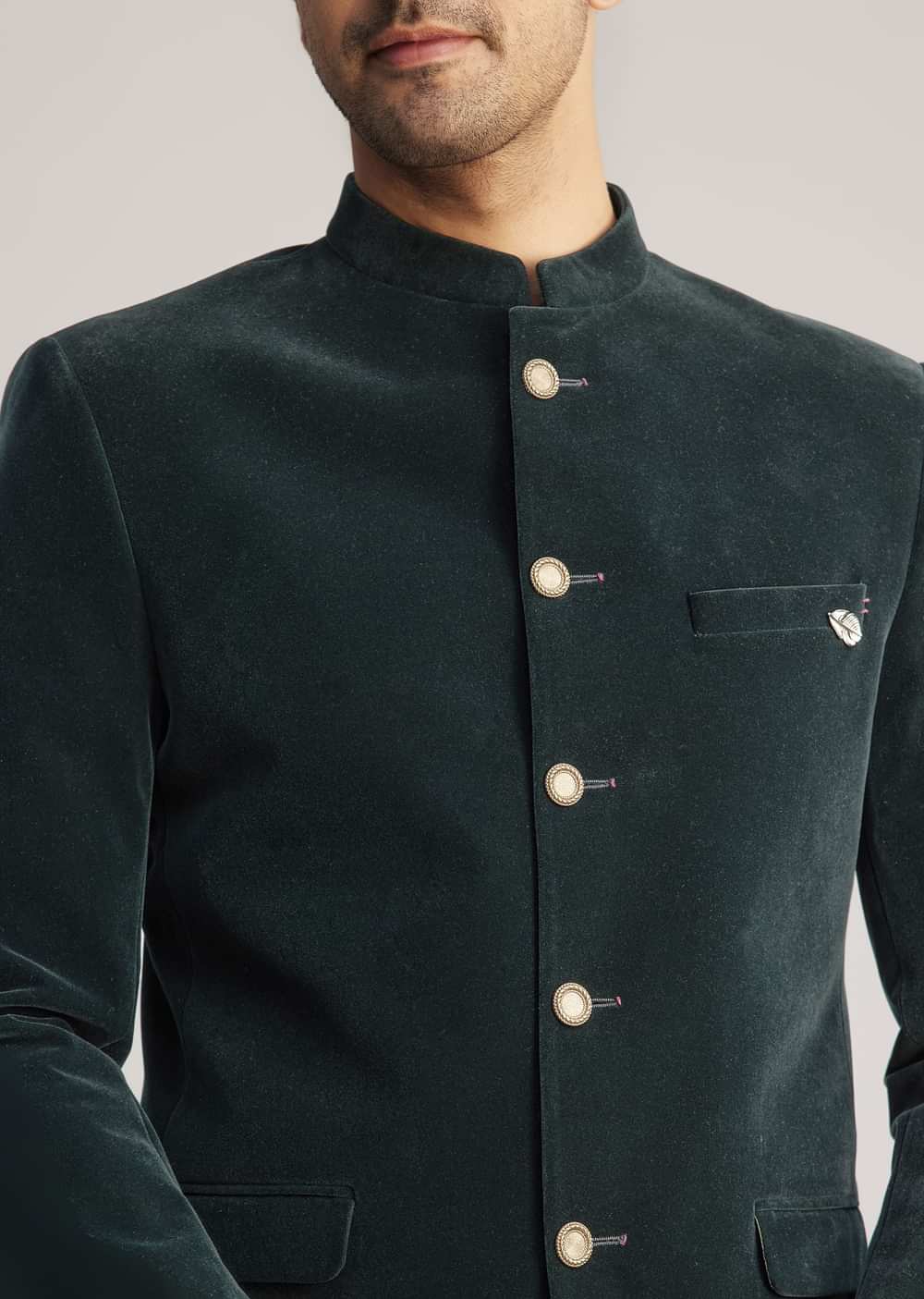 Green Velvet Jodhpuri Suit With Pocket Square