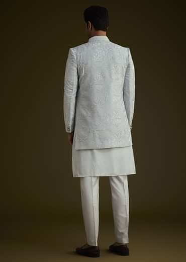 Ice Blue Silk Sherwani Set With Floral Resham And Mirror Work