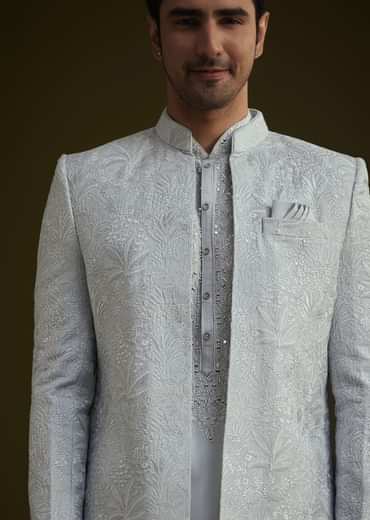 Ice Blue Silk Sherwani Set With Floral Resham And Mirror Work