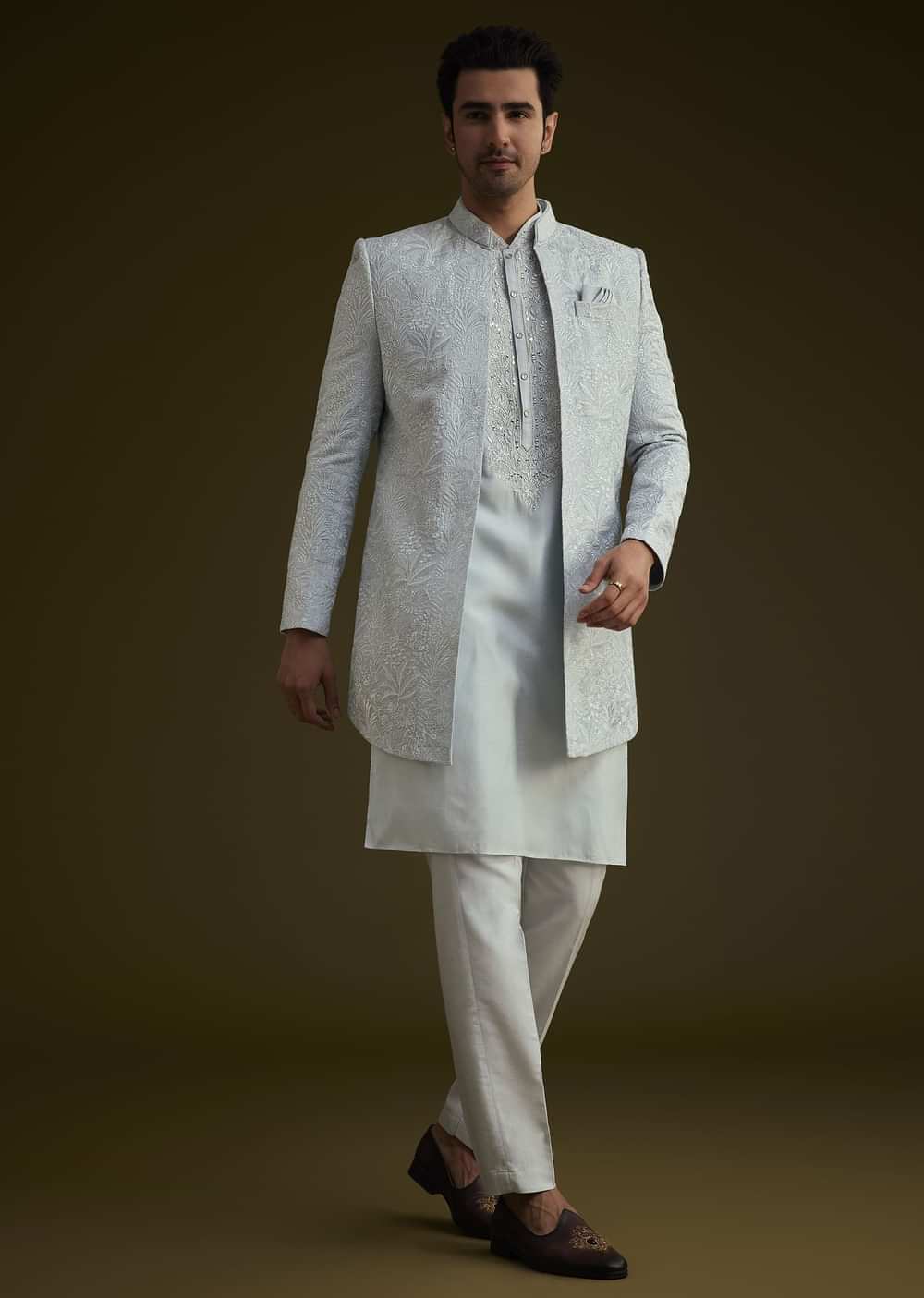 Ice Blue Silk Sherwani Set With Floral Resham And Mirror Work