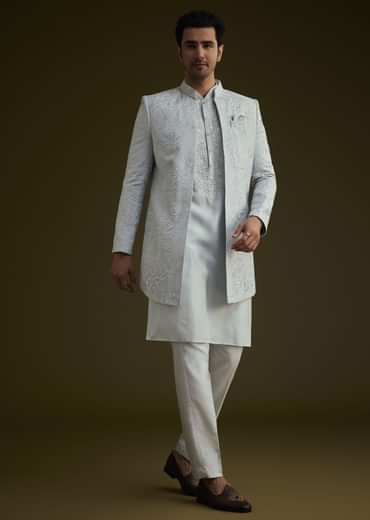 Ice Blue Silk Sherwani Set With Floral Resham And Mirror Work