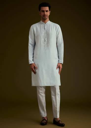 Ice Blue Silk Sherwani Set With Floral Resham And Mirror Work