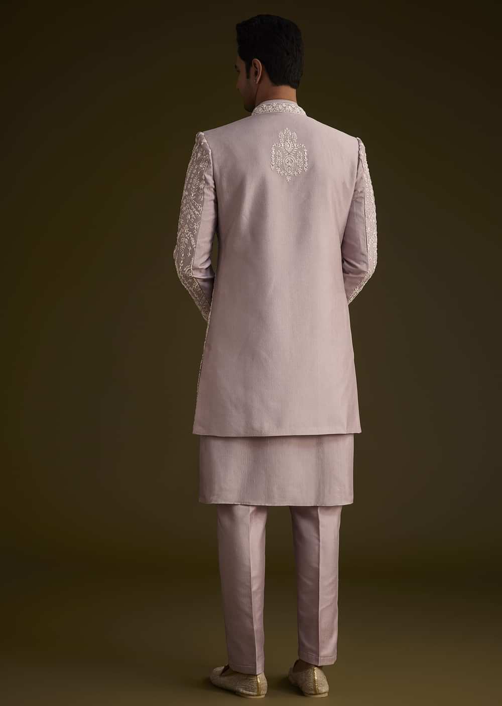 Lilac Silk Sherwani Set With Thread And Stone Work