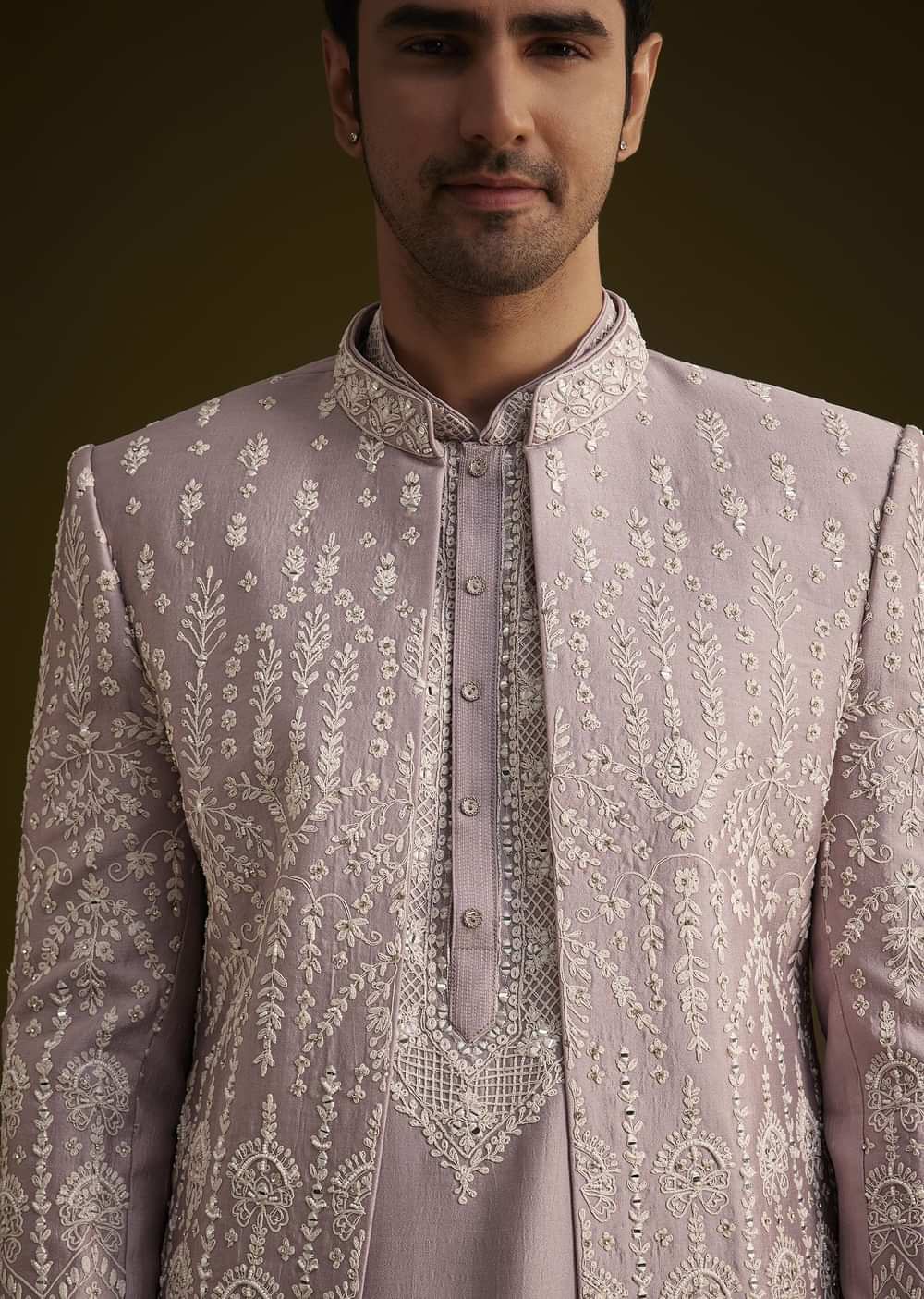 Lilac Silk Sherwani Set With Thread And Stone Work