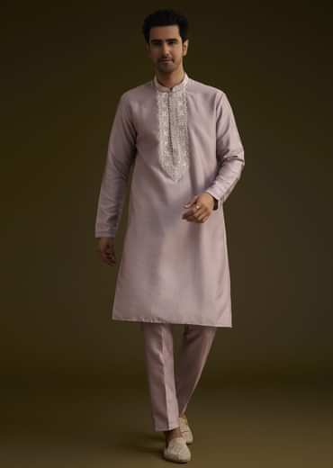 Lilac Silk Sherwani Set With Thread And Stone Work