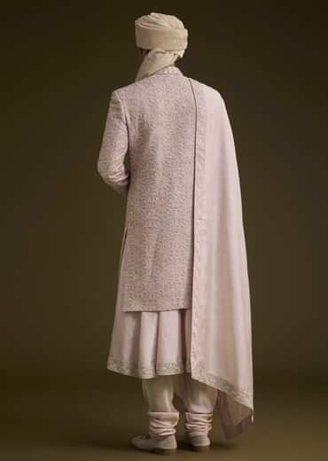 Onion Pink Raw Silk Sherwani Set With Dupatta