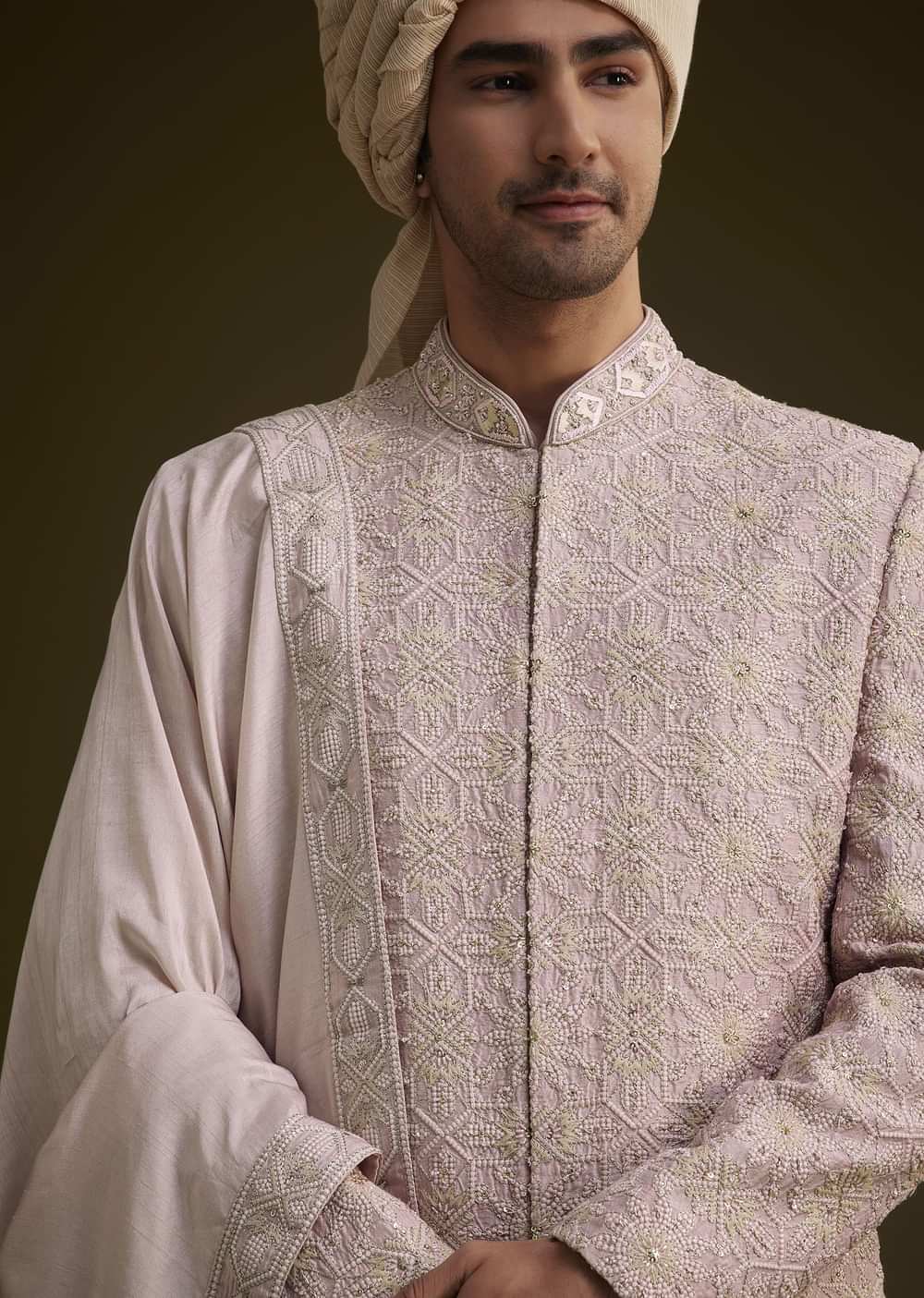 Onion Pink Raw Silk Sherwani Set With Dupatta