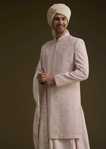 Onion Pink Raw Silk Sherwani Set With Dupatta