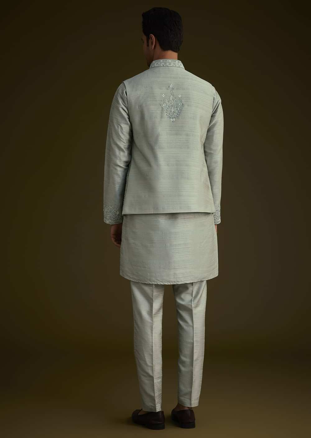 Pista Green Silk Jacket Set With Resham And Mirror Work