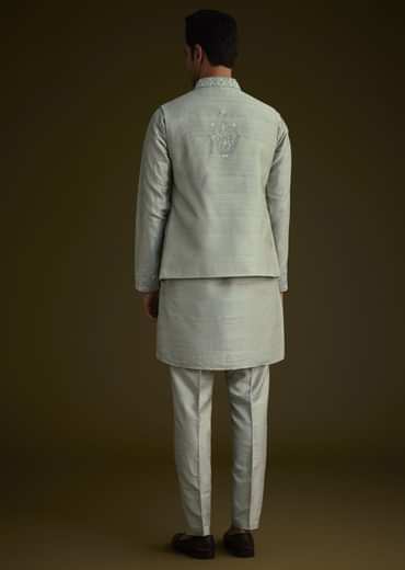 Pista Green Silk Jacket Set With Resham And Mirror Work