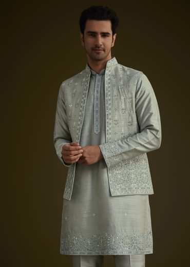 Pista Green Silk Jacket Set With Resham And Mirror Work