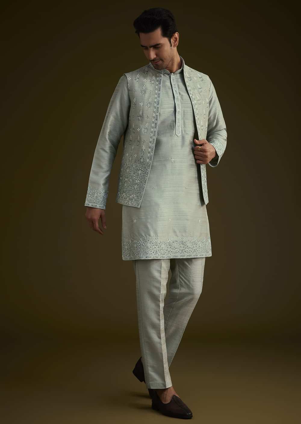 Pista Green Silk Jacket Set With Resham And Mirror Work