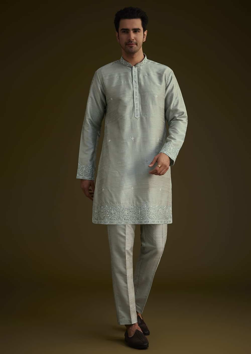 Pista Green Silk Jacket Set With Resham And Mirror Work