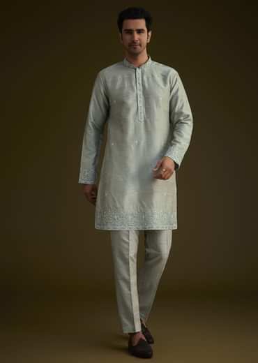 Pista Green Silk Jacket Set With Resham And Mirror Work