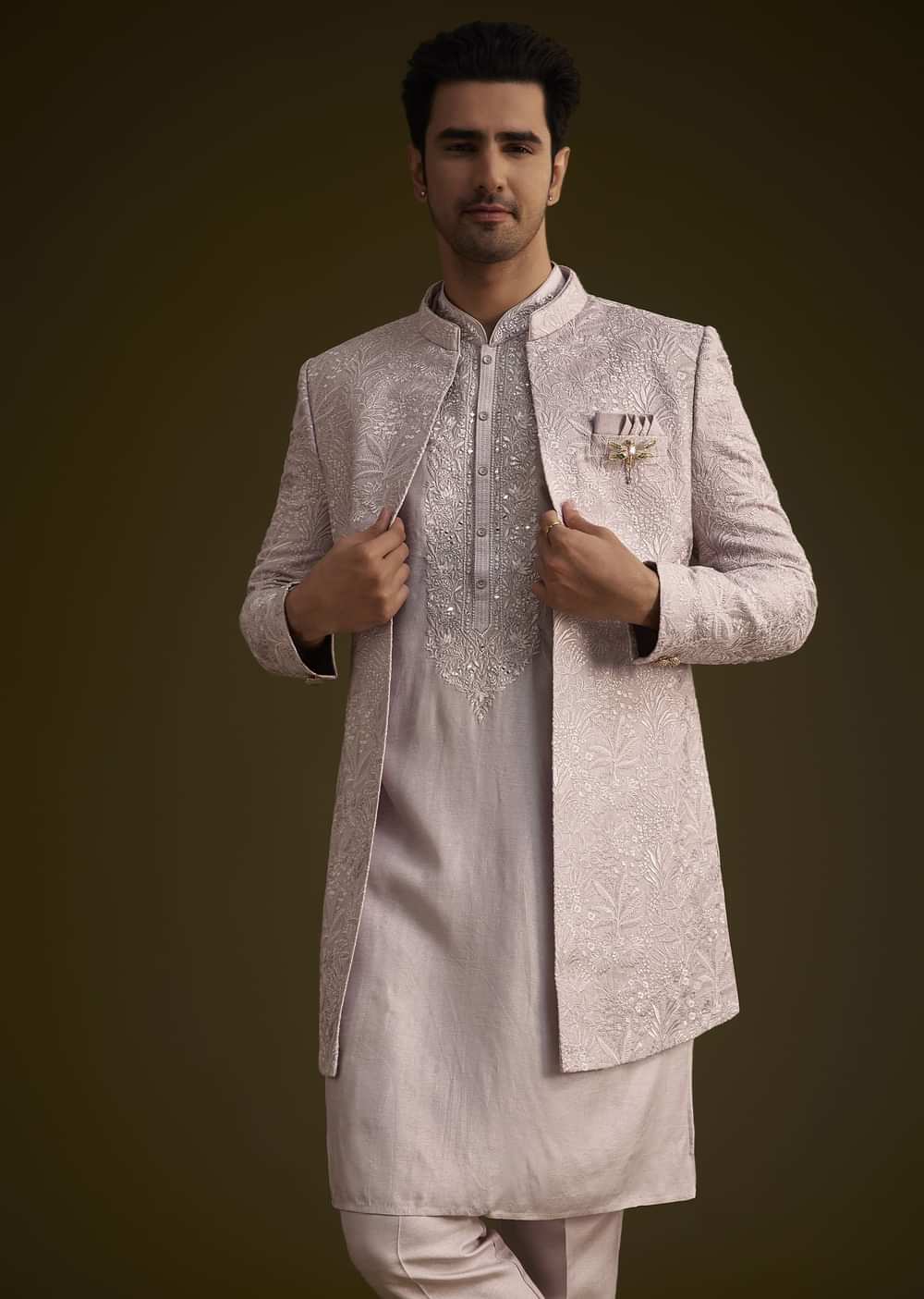 Wisteria Purple Silk Open Style Sherwani Set