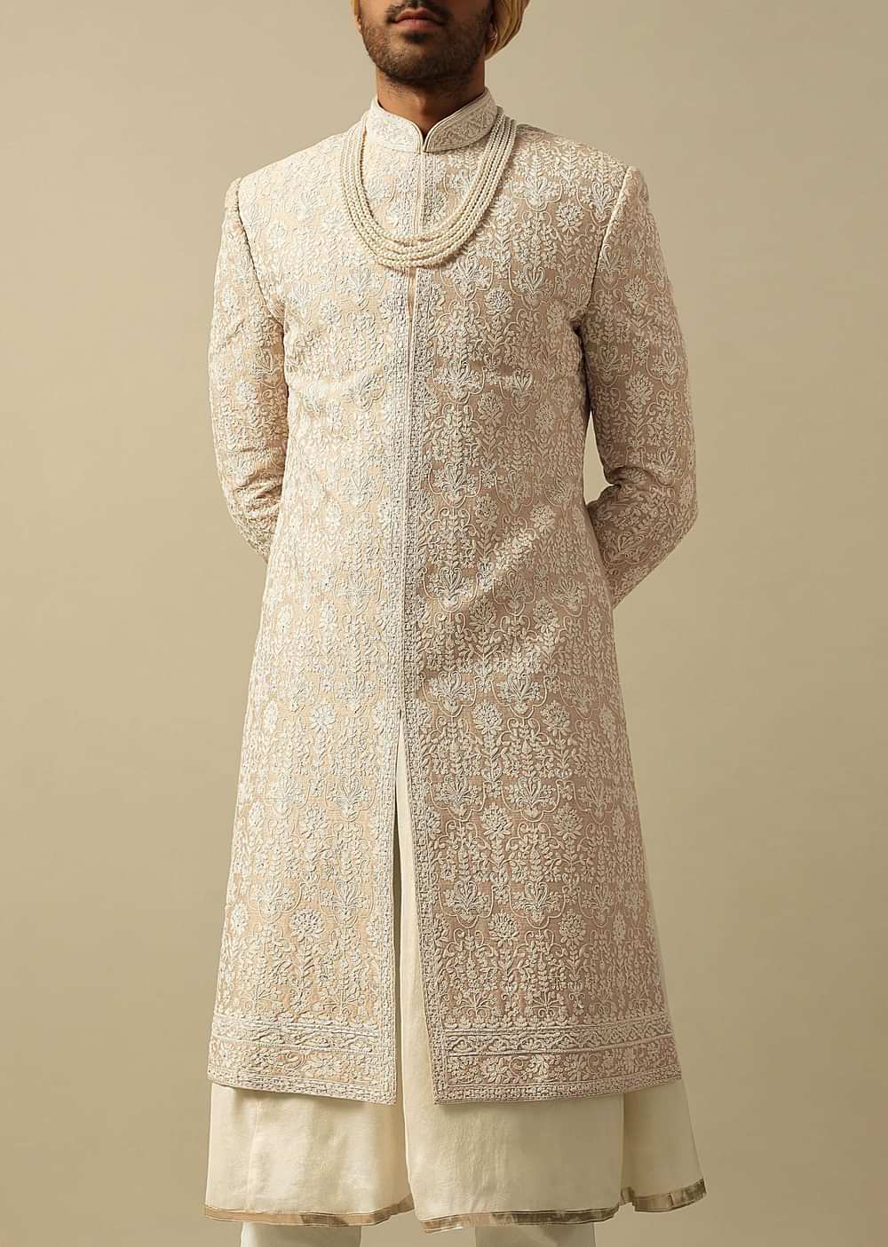 Timeless Beige Banarasi Silk Sherwani