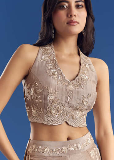 Tissue Croptop And Palazzo Suit With Cutdana Moti Embroidery