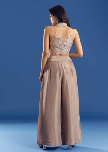 Tissue Croptop And Palazzo Suit With Cutdana Moti Embroidery