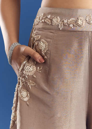 Tissue Croptop And Palazzo Suit With Cutdana Moti Embroidery