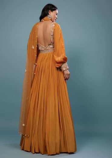 Fire Orange Embroidered Anarkali Suit In Crepe