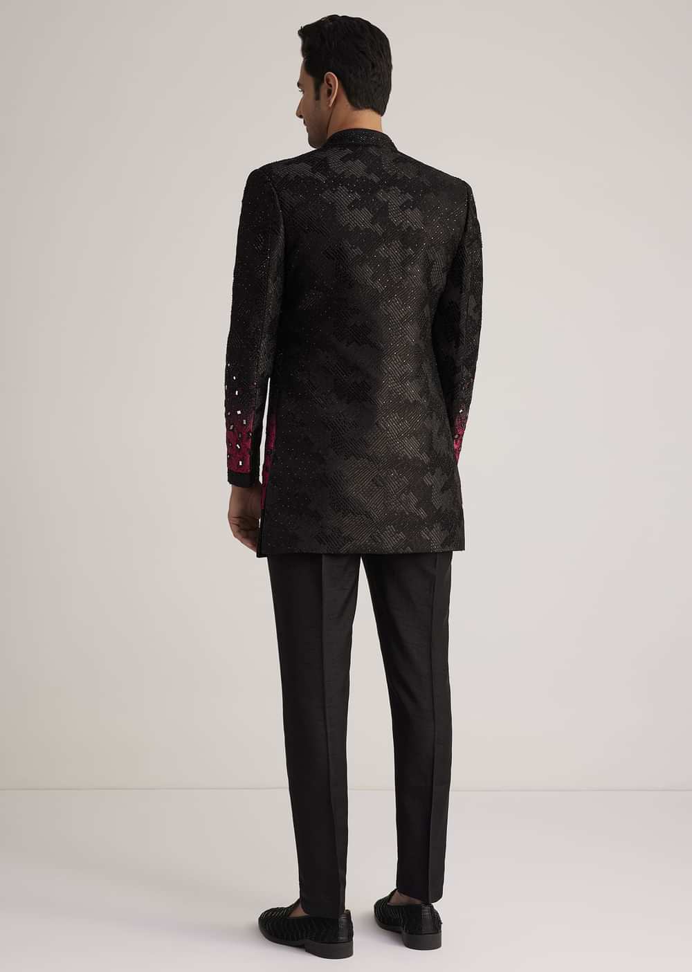 Black And Red Silk Jacket Set With Mirror And Thread Detailing