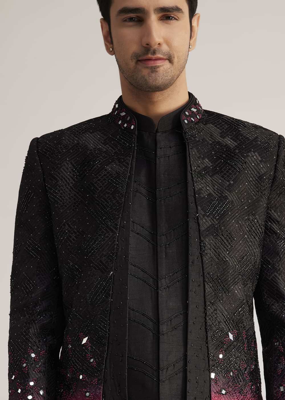 Black And Red Silk Jacket Set With Mirror And Thread Detailing