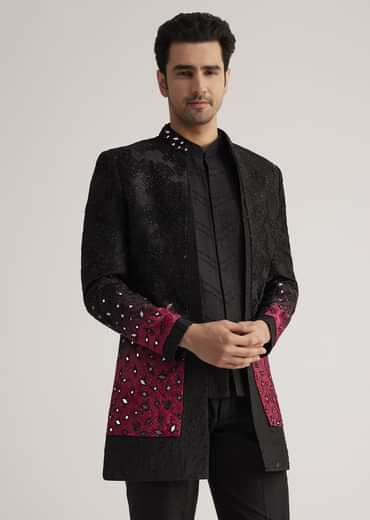 Black And Red Silk Jacket Set With Mirror And Thread Detailing