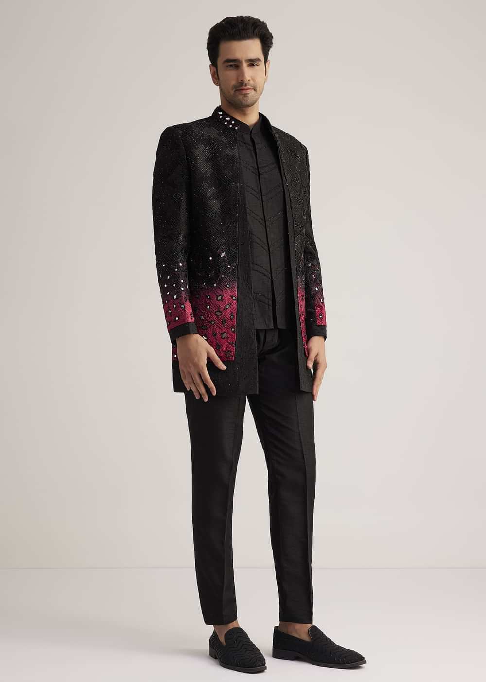 Black And Red Silk Jacket Set With Mirror And Thread Detailing