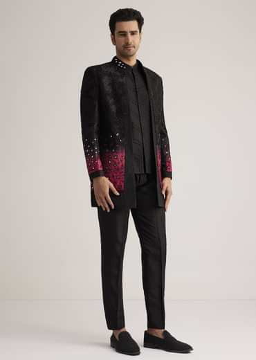 Black And Red Silk Jacket Set With Mirror And Thread Detailing