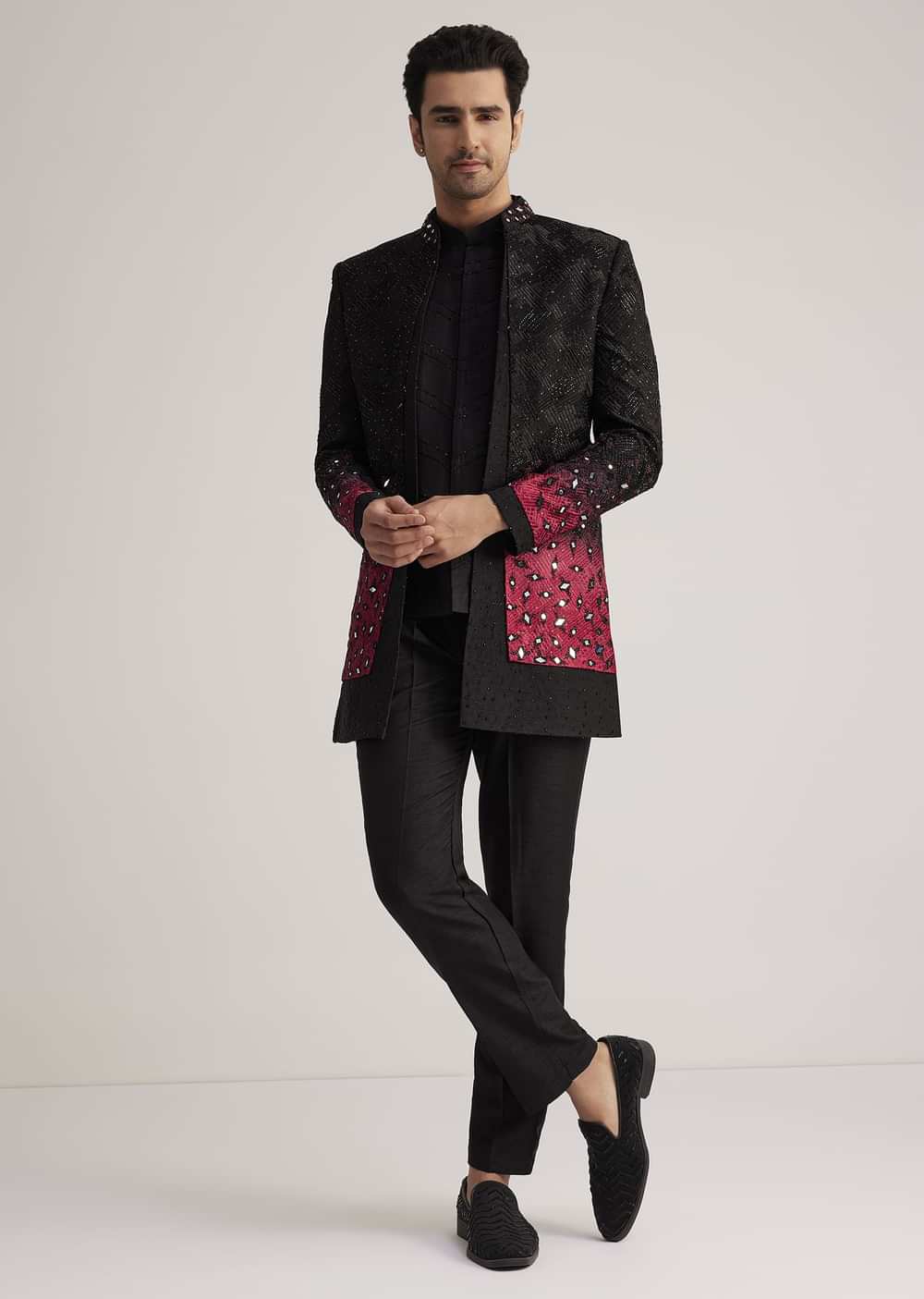 Black And Red Silk Jacket Set With Mirror And Thread Detailing