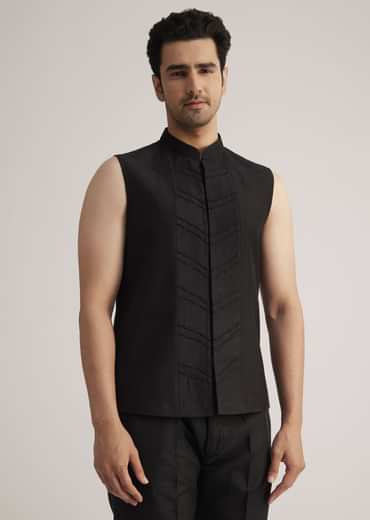 Black And Red Silk Jacket Set With Mirror And Thread Detailing