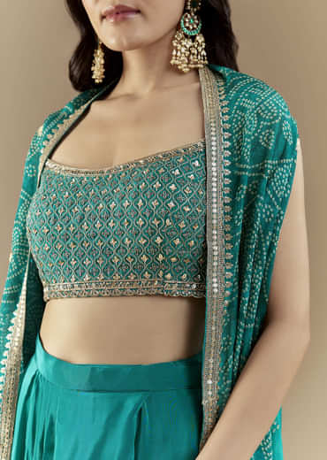 Turquoise Blue Crop Top Skirt Set with Bandhani Cape