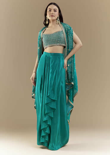 Turquoise Blue Crop Top Skirt Set with Bandhani Cape