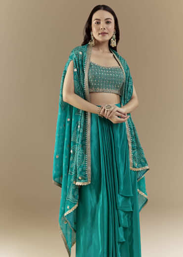 Turquoise Blue Crop Top Skirt Set with Bandhani Cape