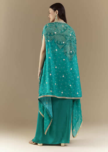 Turquoise Blue Crop Top Skirt Set with Bandhani Cape