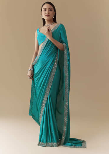Turquoise Blue Embellished Saree with Unstitched Blouse