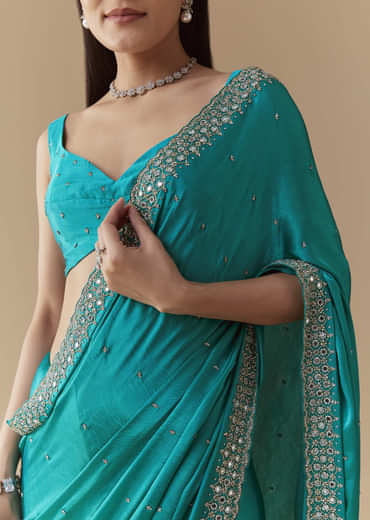 Turquoise Blue Embellished Saree with Unstitched Blouse