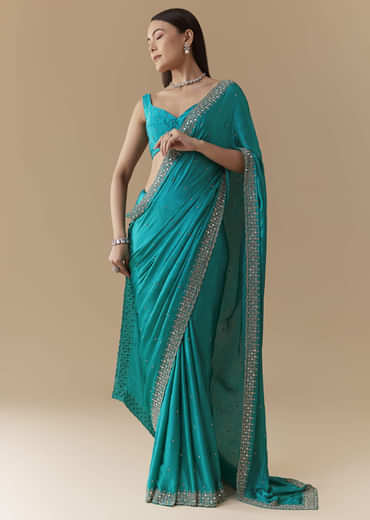 Turquoise Blue Embellished Saree with Unstitched Blouse