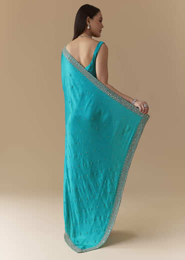 Turquoise Blue Embellished Saree with Unstitched Blouse