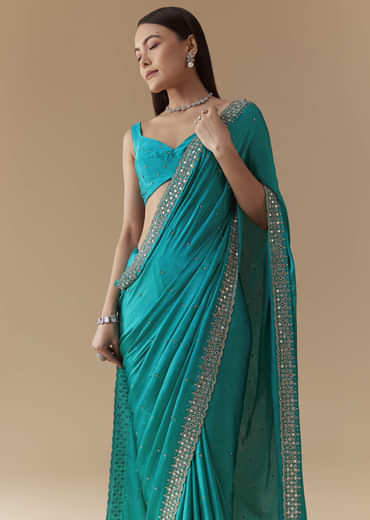 Turquoise Blue Embellished Saree with Unstitched Blouse