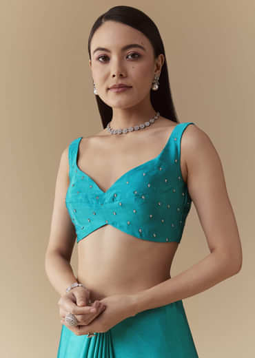 Turquoise Blue Embellished Saree with Unstitched Blouse