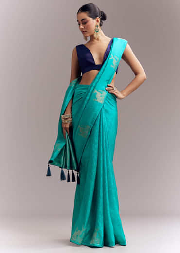 Turquoise Blue Jacquard Silk Saree With Brocade Work And Embroidery