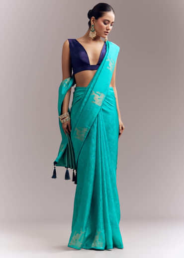 Turquoise Blue Jacquard Silk Saree With Brocade Work And Embroidery