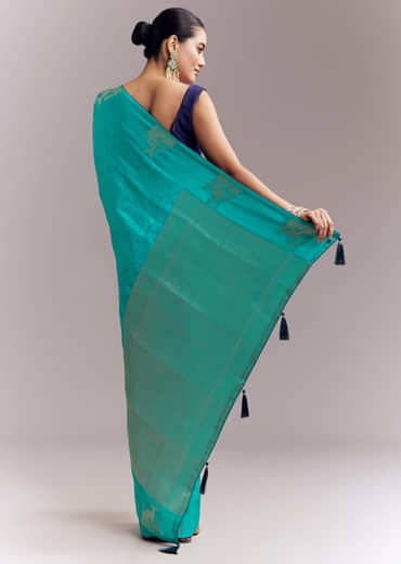 Turquoise Blue Jacquard Silk Saree With Brocade Work And Embroidery
