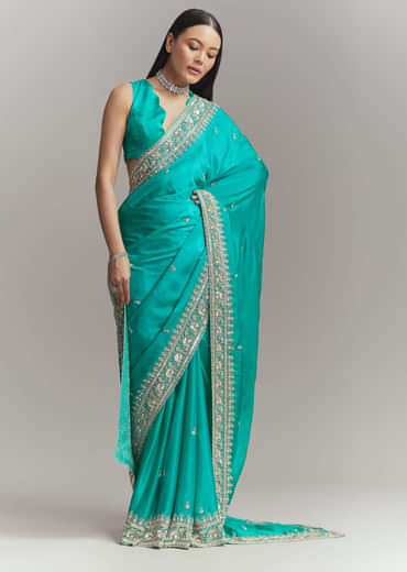 Turquoise Blue Satin Embroidered Saree With Heavy Hand Embroidery