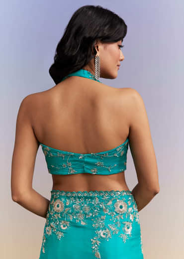 Turquoise Blue Satin Saree With Heavy Embroidered Details