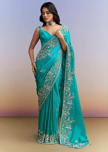 Turquoise Blue Satin Saree With Heavy Hand Work
