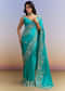 Turquoise Blue Satin Saree With Heavy Hand Work
