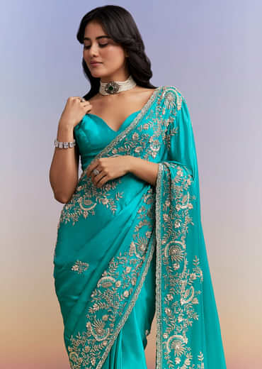 Turquoise Blue Satin Saree With Heavy Hand Work